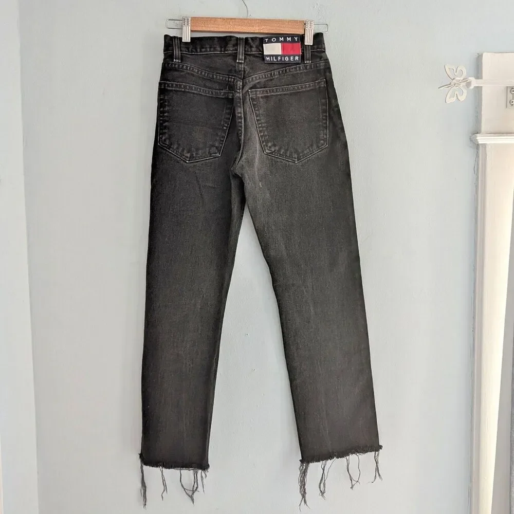 Vintage 90s Y2K Tommy Hilfiger Jeans Black Denim Cropped Distressed JRS Size 1